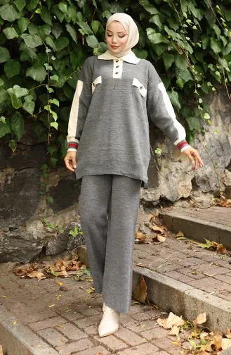 Knitwear Polo Collar Tunic Trousers Two Piece Suit 1048-08 Gray 1048-08