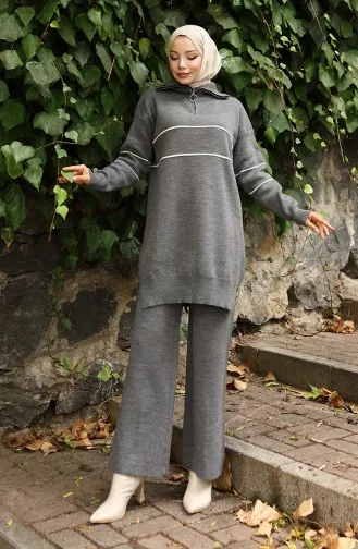 Triko Fermuarlı Tunik Pantolon İkili Takım 1050-01 Gri