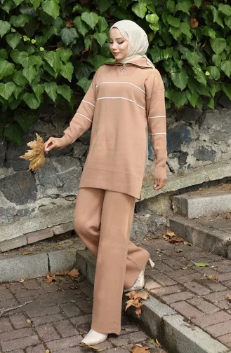 Ensemble Deux Pièces En Tricot Tunique Zippée Et Pantalon 1050-02 Café Au Lait 1050-02