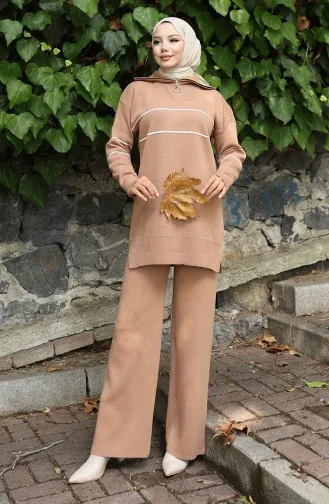 Ensemble Deux Pièces En Tricot Tunique Zippée Et Pantalon 1050-02 Café Au Lait 1050-02