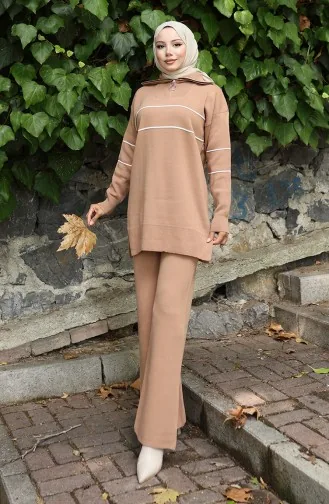 Ensemble Deux Pièces En Tricot Tunique Zippée Et Pantalon 1050-02 Café Au Lait 1050-02