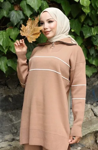 Ensemble Deux Pièces En Tricot Tunique Zippée Et Pantalon 1050-02 Café Au Lait 1050-02