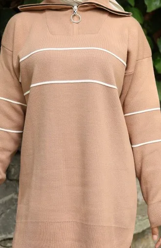 Ensemble Deux Pièces En Tricot Tunique Zippée Et Pantalon 1050-02 Café Au Lait 1050-02