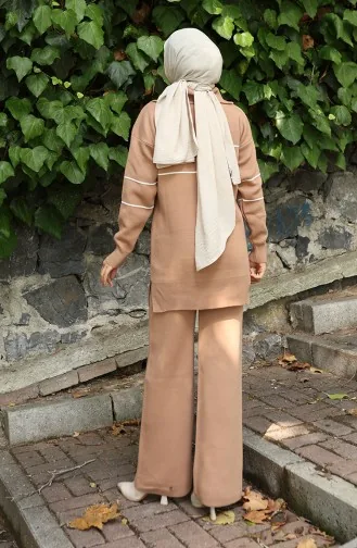 Ensemble Deux Pièces En Tricot Tunique Zippée Et Pantalon 1050-02 Café Au Lait 1050-02