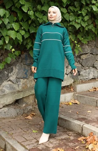 Triko Fermuarlı Tunik Pantolon İkili Takım 1050-04 Petrol