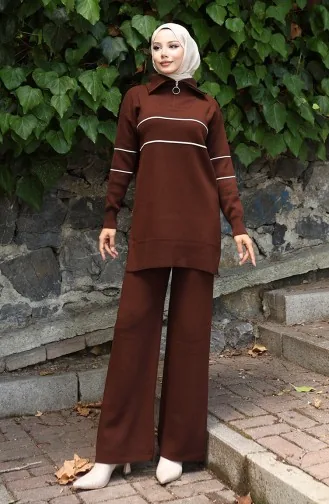 Knitwear Zippered Tunic Trousers Two Piece Suit 1050-06 Brown 1050-06