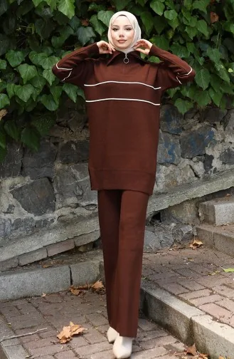 Knitwear Zippered Tunic Trousers Two Piece Suit 1050-06 Brown 1050-06