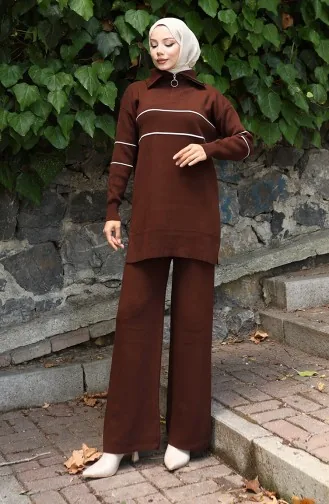 Knitwear Zippered Tunic Trousers Two Piece Suit 1050-06 Brown 1050-06