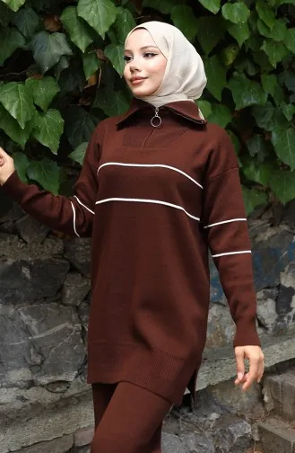 Knitwear Zippered Tunic Trousers Two Piece Suit 1050-06 Brown 1050-06