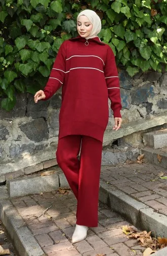 Knitwear Zippered Tunic Trousers Two Piece Suit 1050-07 Claret Red 1050-07