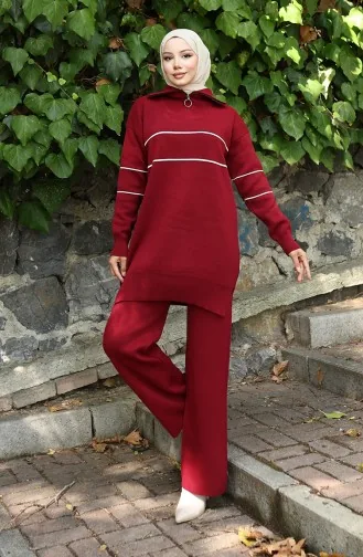 Knitwear Zippered Tunic Trousers Two Piece Suit 1050-07 Claret Red 1050-07