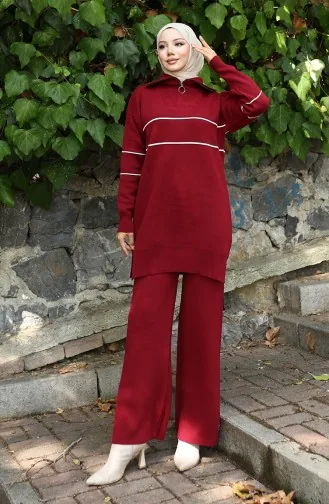 Knitwear Zippered Tunic Trousers Two Piece Suit 1050-07 Claret Red 1050-07