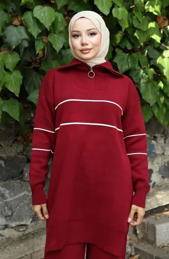 Knitwear Zippered Tunic Trousers Two Piece Suit 1050-07 Claret Red 1050-07