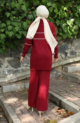 Knitwear Zippered Tunic Trousers Two Piece Suit 1050-07 Claret Red 1050-07