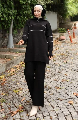 Knitwear Zippered Tunic Trousers Two Piece Suit 1050-08 Black 1050-08