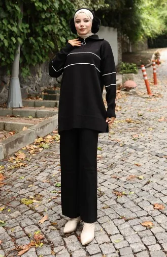 Knitwear Zippered Tunic Trousers Two Piece Suit 1050-08 Black 1050-08