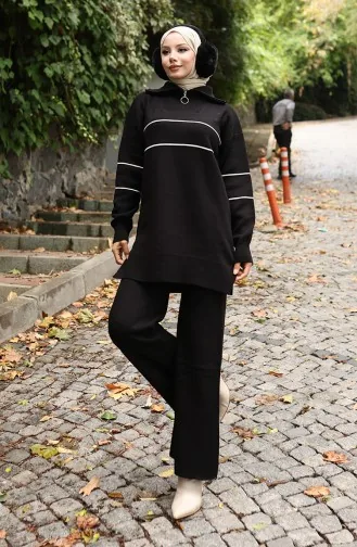 Knitwear Zippered Tunic Trousers Two Piece Suit 1050-08 Black 1050-08