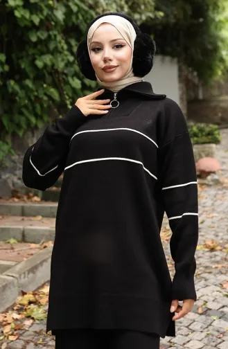 Knitwear Zippered Tunic Trousers Two Piece Suit 1050-08 Black 1050-08