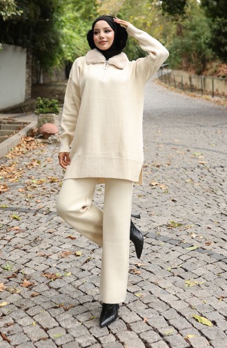 Gebreid Bontkraag Tuniek Broek Tweedelig Pak 1059-01 Beige 1059-01