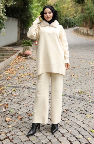 Gebreid Bontkraag Tuniek Broek Tweedelig Pak 1059-01 Beige 1059-01