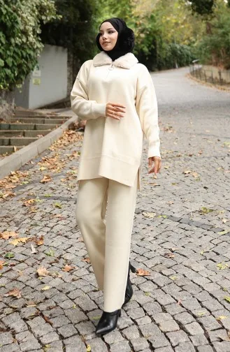 Knitwear Fur Collar Tunic Trousers Two Piece Suit 1059-01 Beige 1059-01