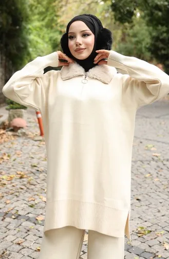 Knitwear Fur Collar Tunic Trousers Two Piece Suit 1059-01 Beige 1059-01