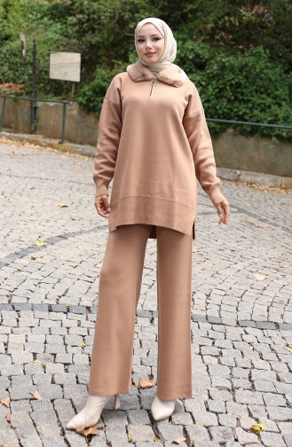 Breiwerk Bontkraag Tuniek Broek Tweedelig Pak 1059-02 Melk Koffie 1059-02