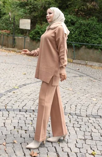 Triko Kürk Yakalı Tunik Pantolon İkili Takım 1059-02 Sütlü kahve
