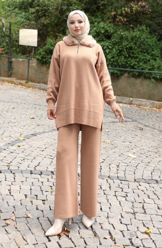 Breiwerk Bontkraag Tuniek Broek Tweedelig Pak 1059-02 Melk Koffie 1059-02