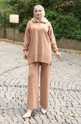 Triko Kürk Yakalı Tunik Pantolon İkili Takım 1059-02 Sütlü kahve