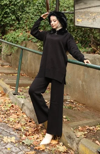 بدلة من قطعتين، سترة وبنطلون وياقة فرو محبوكة، لون أسود، 1059-03 1059-03