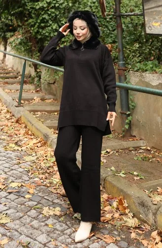 بدلة من قطعتين، سترة وبنطلون وياقة فرو محبوكة، لون أسود، 1059-03 1059-03