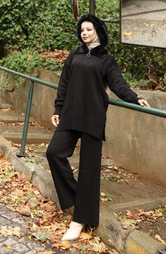 بدلة من قطعتين، سترة وبنطلون وياقة فرو محبوكة، لون أسود، 1059-03 1059-03