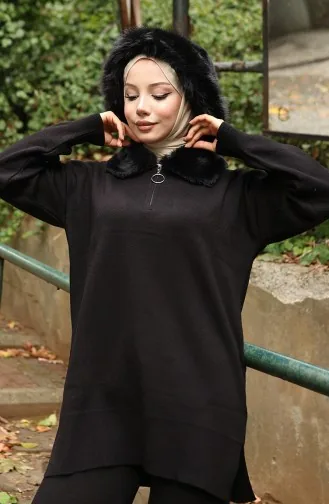 بدلة من قطعتين، سترة وبنطلون وياقة فرو محبوكة، لون أسود، 1059-03 1059-03