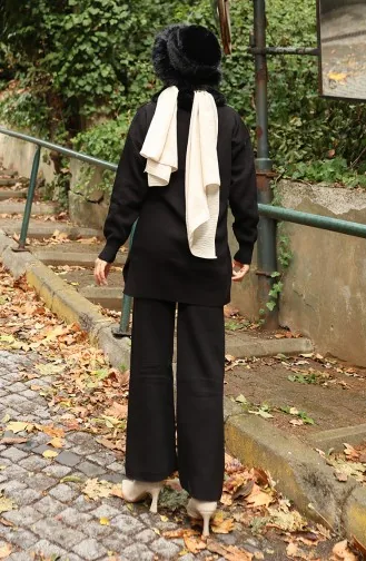 بدلة من قطعتين، سترة وبنطلون وياقة فرو محبوكة، لون أسود، 1059-03 1059-03