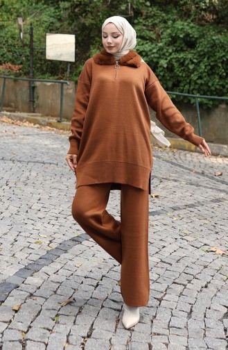 Gebreid Bontkraag Tuniek Broek Tweedelig Pak 1059-05 Bruin 1059-05