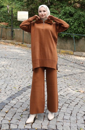 Gebreid Bontkraag Tuniek Broek Tweedelig Pak 1059-05 Bruin 1059-05