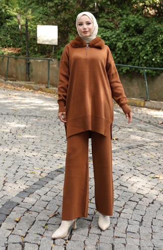 Gebreid Bontkraag Tuniek Broek Tweedelig Pak 1059-05 Bruin 1059-05