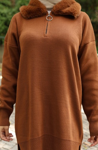 Gebreid Bontkraag Tuniek Broek Tweedelig Pak 1059-05 Bruin 1059-05
