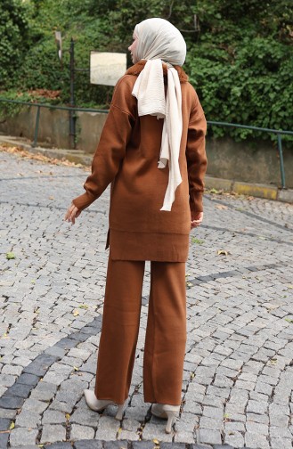 Gebreid Bontkraag Tuniek Broek Tweedelig Pak 1059-05 Bruin 1059-05