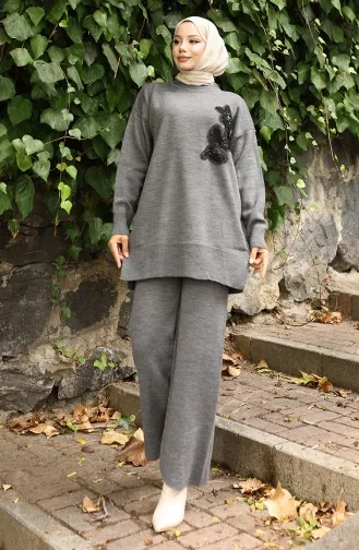 Knitwear Floral Embroidered Tunic Trousers Two Piece Suit 1067-01 Gray 1067-01