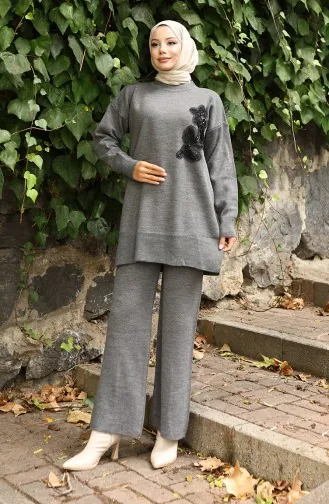 Knitwear Floral Embroidered Tunic Trousers Two Piece Suit 1067-01 Gray 1067-01