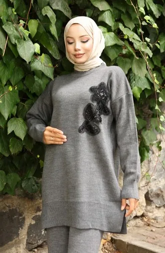 Knitwear Floral Embroidered Tunic Trousers Two Piece Suit 1067-01 Gray 1067-01