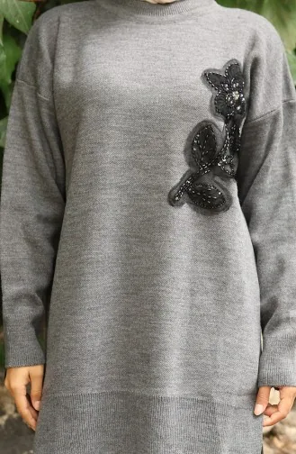 Knitwear Floral Embroidered Tunic Trousers Two Piece Suit 1067-01 Gray 1067-01