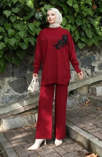 Knitwear Floral Embroidered Tunic Trousers Two Piece Suit 1067-02 Claret Red 1067-02