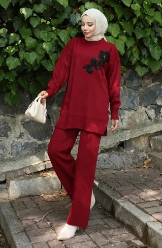 Knitwear Floral Embroidered Tunic Trousers Two Piece Suit 1067-02 Claret Red 1067-02