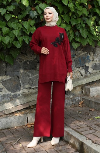 Strickmode Blumen Bestickte Tunika Hose Zweiteiler 1067-02 Weinrot 1067-02