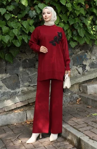 Knitwear Floral Embroidered Tunic Trousers Two Piece Suit 1067-02 Claret Red 1067-02
