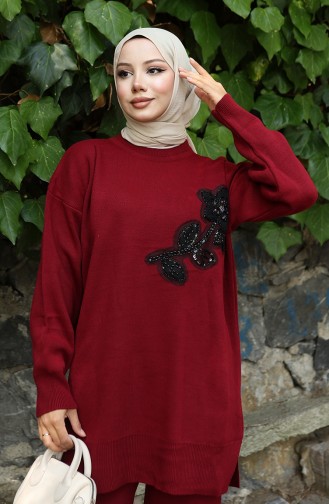 Strickmode Blumen Bestickte Tunika Hose Zweiteiler 1067-02 Weinrot 1067-02