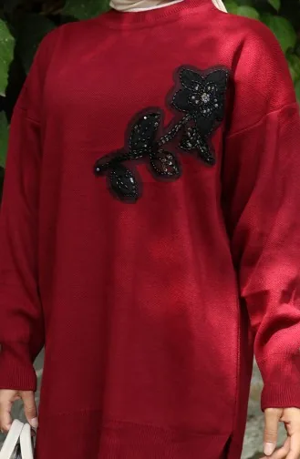 Knitwear Floral Embroidered Tunic Trousers Two Piece Suit 1067-02 Claret Red 1067-02